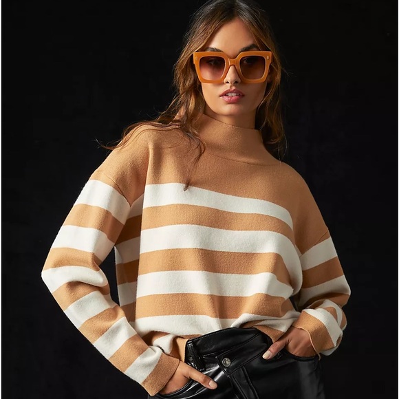 ANTHROPOLOGIE XL MAEVE The Carys Mock Neck Sweater in Neutral Motif Stripe - Picture 11 of 12